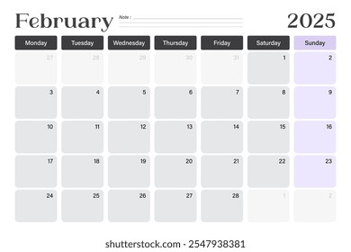 February 2025 calendar desk planner, week starts on Monday, minimal design with blank lines, vector illustration 