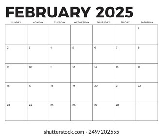 Calendario de febrero de 2025. Se ajusta a la página Tamaño de letra. La semana comienza el domingo. Plantilla de calendario en blanco. Diseño de Papelería.