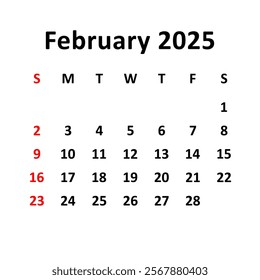 February 2025. Calendar with holydays or red dates. monthly calendar design with week starts on sunday. printable, simple, and clean vector design isolated on white background.