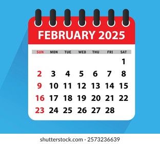 February 2025 Calendar Leaf. Calendar 2025 in flat style. February 2025 Calendar. Week starts on Sunday. Blank Calendar Template. Stationery Design. Vector Illustration