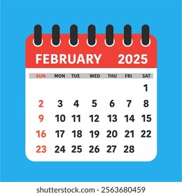 February 2025 Calendar Leaf. This flat-style calendar features a modern design showcasing the month of February 2025