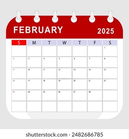 February 2025 calendar. Monthly planner template. Sunday start. Vector design