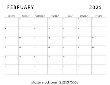 February 2025 calendar. Monthly planner template. Monday start. Vector design