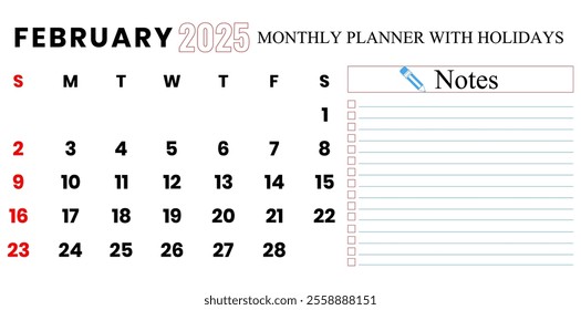 February 2025 Calendar, Monthly Planner With Holidays Vector Illustration.	