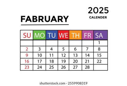 February 2025 calendar. Monthly planner template. Sunday start. vector illustration