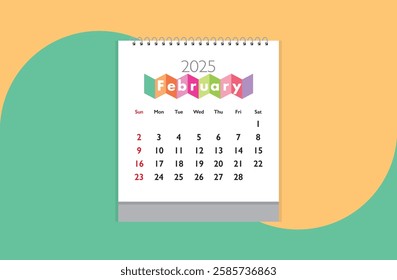 February 2025 Calendar on cream and green background. Date month of February 2025. Page of annual monthly calendar February 2025.