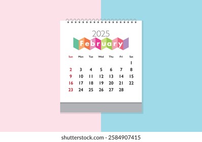February 2025 Calendar on light pink and light sky blue background. Date month of February 2025. Page of annual monthly calendar February 2025.