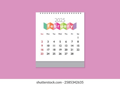 February 2025 Calendar on pink background. Date month of February 2025. Page of annual monthly calendar February 2025.