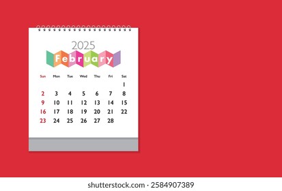 February 2025 Calendar on red background. Date month of February 2025. Page of annual monthly calendar February 2025.