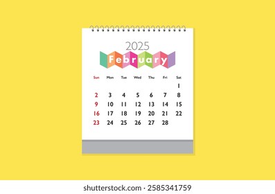 February 2025 Calendar on yellow background. Date month of February 2025. Page of annual monthly calendar February 2025.