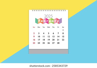 February 2025 Calendar on yellow sky blue background. Date month of February 2025. Page of annual monthly calendar February 2025.