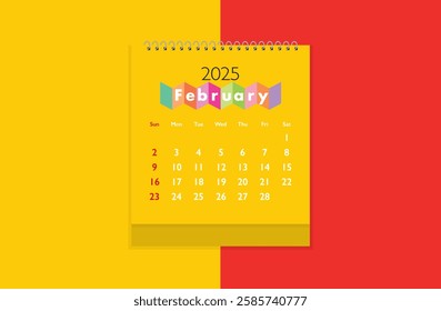 February 2025 Calendar on yellow and red background. Date month of February 2025. Page of annual monthly calendar February 2025.