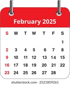 Página del calendario de febrero de 2025 aislada sobre un fondo blanco