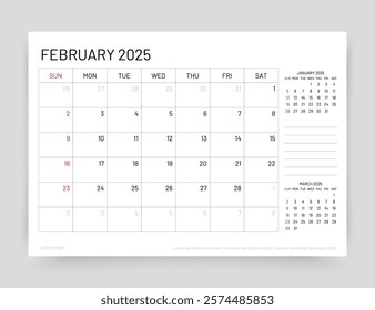 February 2025 calendar. Planner calender template. Week starts Sunday. Table schedule grid. Monthly organizer. Desk corporate diary. Timetable layout. Vector simple illustration. Paper size A5