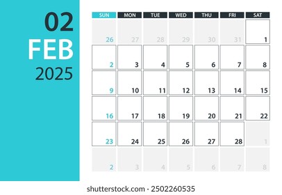 February 2025 Calendar Planner - Vector. Template Mock up