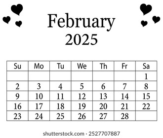 February 2025 calendar printable. 2025 calendar month of February. February 2025 calendar template. Week starts on Sunday. Monthly calendar