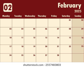 February 2025 calendar.   A simple monthly planner vector design