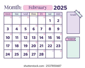 Fevereiro 2025 Modelo de calendário com gols e nota cartão adicionado, cor suave rosa suave, azul suave e azul marinho outline. bonito para adolescentes e o público em geral