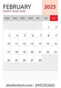 February 2025, Calendar 2025 template vector on red background, week start on monday, Desk calendar 2025 year, Wall calendar design, corporate planner template, Stationery, organizer diary, vector