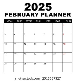 February 2025 Calendar. Week starts on Monday. Blank Calendar Template. Fits Letter Size Page. Stationery Design. Simple set calendar 2025. Monthly calendar template. Planner for 2025 year.