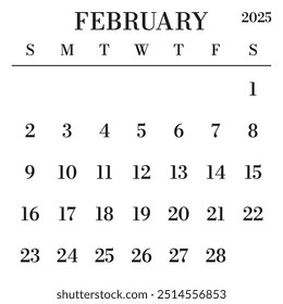 February 2025 Calendar. Week starts on Sunday. Large Number and Letter Calendar Template. Fits Square Size Page. Stationery Design.