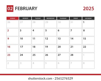 February 2025 Calendar , Week starts on Sunday 