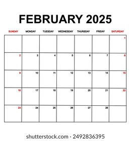 february 2025 with holydays or red dates. monthly calendar design with week starts on sunday. printable, simple, and clean vector design isolated on white background.