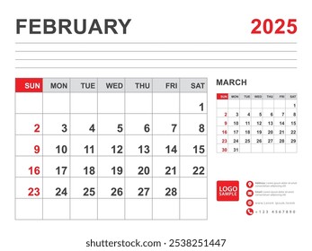 February 2025 layout, Calendar 2025 template, Printable minimalist monthly planner, Desk Calendar 2025 template, Wall calendar design, Week Start On Sunday, Stationery, printing, red color, vector
