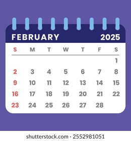 fevereiro 2025 calendário estilo carta com uma semana começando no domingo. Ideal para gerenciamento de tempo, planejamento e programação. Conceito de design plano com um layout mensal destacável. Ilustração vetorial.