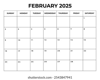 Febrero 2025 Diseño de calendario mensual con notas y la semana comienza desde el domingo