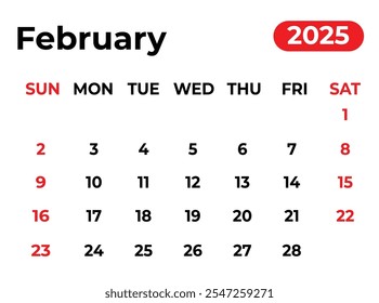  Febrero 2025 Diseño de calendario mensual con aspecto limpio y la semana comienza desde el domingo