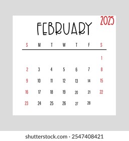 febrero de 2025 Semana mensual del diseño del calendario comienza el domingo