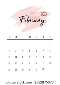 February 2025 Monthly Calendar design with Watercolor Splash