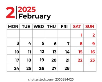 february 2025 Monthly Calendar design week starts from sunday