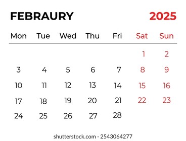 febrero de 2025 Diseño mensual del calendario de oficina con un aspecto limpio y la semana comienza a partir del domingo