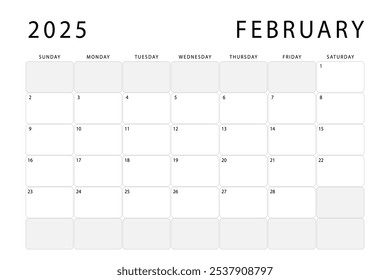 February 2025 monthly planner. Calendar template. Sunday start. Vector design