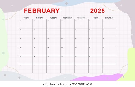 February 2025 monthly planner. Cute calendar template. Sunday start. Vector design