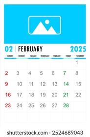 Fevereiro de 2025, Calendário Mensal Imprimível 2025 design de modelo com fonte grande