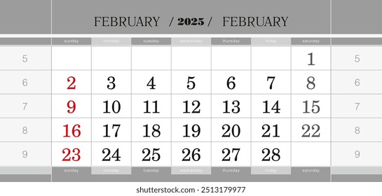 February 2025 quarterly calendar block. Wall calendar in English, week starts from Sunday. Vector Illustration.