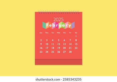 February 2025 red Calendar on yellow background. Date month of February 2025. Page of annual monthly calendar February 2025.