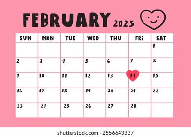 February 2025. Template calendar list. Monthly planner. Illustration on pink background.