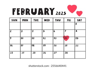 February 2025. Template calendar. Simple planner. Hand drawn illustration on white background.