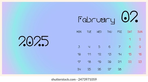 February 2025 template calendar. Trendy gradient background. The week begins on Monday. Ideal for planners, desk calendars, wall calendars, print media, advertisements, and office stationery
