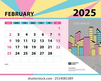 February 2025 template - Calendar 2025 year design, Desk calendar 2025 year, Planner, Week starts on Sunday, Wall calendar design, Stationery design, vintage background vector eps10