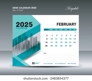 February 2025 template- Desk Calendar 2025 year template, wall calendar 2025 year, Week starts Sunday, Planner design, Stationery design, flyer design, printing media, green background vector