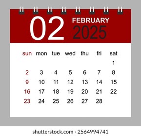 February 2025. Vector monthly calendar template 2025 year in simple style for template design. Week starts from Sunday.
