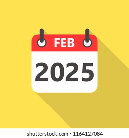 February 2025 year calendar flat style icon with long shadow.