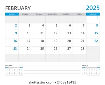 February 2025 year, Calendar planner 2025 and Set of 12 Months, week start on Sunday. Desk calendar 2025 design, simple and clean design, Wall calendar, Corporate design planner template vector