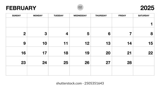 February 2025 year planner template, calendar 2025 template, monthly and yearly planners. organizer diary. week start Sunday, corporate planner template, Desk calendar 2025, Horizontal layout