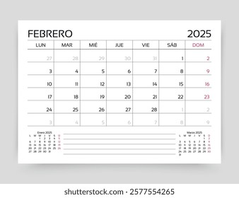 February 2025 year Spanish calendar. Planner calender layout. Spain monthly organizer. Timetable template. Table schedule grid. Week starts Monday. Vector simple illustration. Paper size A5